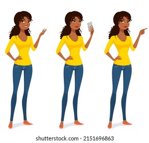 Beautiful Black Woman In Bright Yellow Blouse And Jeans, Gesturing Or Holding A Mobile Phone And Taking Selfie. Cartoon Character, Isolated On White.