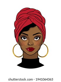 Beautiful black woman. Cartoon afro american girl wearing red head wrap and round earrings. Fashion Illustration on white background