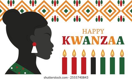 Beautiful black woman celebrating kwanzaa with traditional african pattern. Vector illustration.