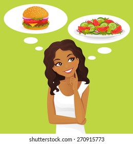 Beautiful black woman choosing between salad and hamburger, healthy and junk food. Vector illustration