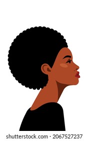 Beautiful black woman with dark skin. Fashionable african ethnic female model with short curly afro hair. Female portrait, side view, isolated. Vector avatar in modern style.