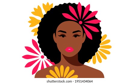 Beautiful Black Woman With Flower In Hair. Brunette, Short Afro Hair. Female Portrait, Head, Shoulders, Abstract Floral Shapes. Modern Vector Avatar, Logo, Print, Banner.