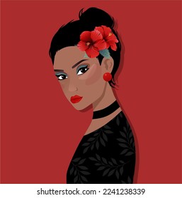 Beautiful black woman with flower in hair. Female portrait, abstract floral shapes. Modern vector avatar, logo, print, banner. Red colors.