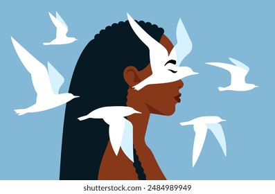 Hermosa mujer negra y aves voladoras. Figura femenina rodeada de palomas flotantes. Salud mental - psicología, estados de ánimo, sentimientos, meditación, emociones y calma. Ilustración vectorial minimalista.