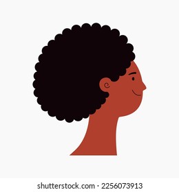 Beautiful black woman, girl with afro hair, face in profile isolated on white. Flat style vector illustration. Female cartoon character. Design element for 8 March, Womens Day card, banner, poster