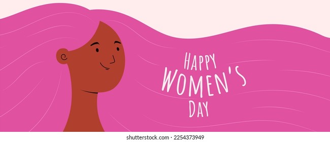 Beautiful black woman, girl with long flowing hair, text Happy Womens Day. Hand drawn vector illustration. Female cartoon character. Flat style design. Concept for 8 March, feminism banner, poster.