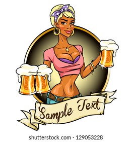 Beautiful Black Woman With Glasses Of Beer, Logo Design With African American Girl Holding Beer