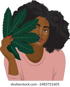 Beautiful black woman hidden behind hand leaf plant afro hair vector
