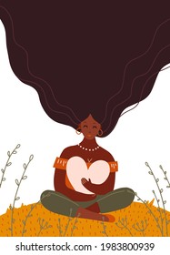 Beautiful black woman holding a big heart. Love, self care, support, feminism concept. Isolated abstract flat vector illustration for modern poster, print design. Female character with long hair.