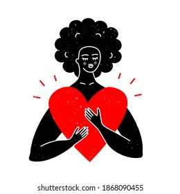 Beautiful black woman holding a red heart. Love, self care, support, feminism concept. Isolated abstract flat vector illustration for modern poster, print design. Female character silhouette