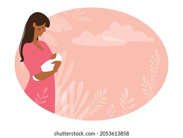 Una hermosa mujer negra sostiene en sus brazos a un bebé recién nacido. Concepto de maternidad y embarazo, pancarta para clínica prenatal con lugar para texto. Ilustración vectorial plana.