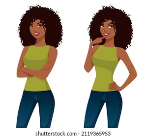 beautiful black woman in jeans, standing with her arms crossed or thinking. Cartoon illustration.