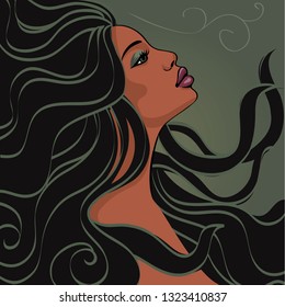 Beautiful black woman with long hair. Vector illustration