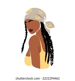 Hermosa mujer negra con pigtails al estilo minimalista. Retrato abstracto de una mujer afroamericana. Tendencia contemporánea de la impresión de camisetas