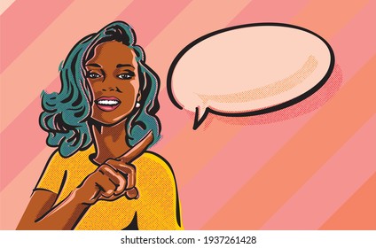 Beautiful black woman pointing to the speech bubble which implies some sale or discount deal. Pop art black woman advertising banner.
