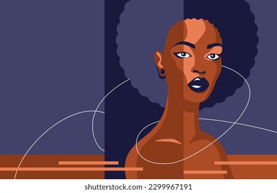 Beautiful black woman portrait in simple style in abstract angular geometric decoration, and in neutral colors