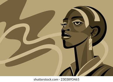 Beautiful black woman portrait in simple style in abstract decoration, and in neutral colors