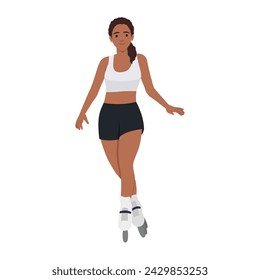 Beautiful black woman riding on roller skates. Flat vector illustration isolated on white background