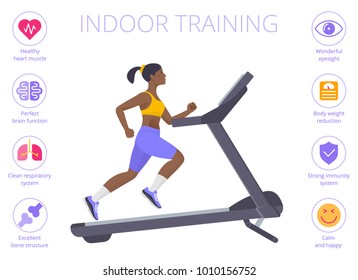 Beautiful black woman is running on the treadmill. Flat vector illustration of athletic young girl in the sportswear doing exercises on the treadmill. Indoor training concept isolated on white.