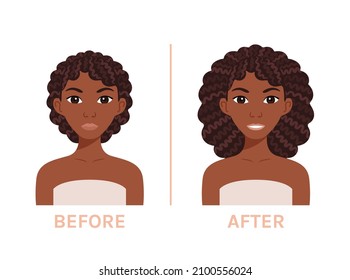 Schöne schwarze Frau mit kurzen Haaren. Happy Young Girl mit Long Afro Curls. Haarverlängerungen. Vorher und danach. Weißer Hintergrund. Farbkartoon Mode-Stil. Vektorgrafik für Beauty Design.