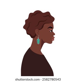 Beautiful black woman side view. Portrait of an elegant lady with Jewelry earring.