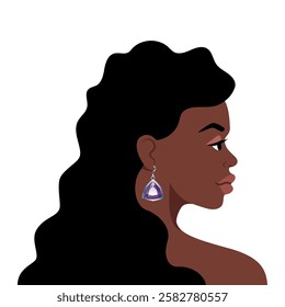 Beautiful black woman side view. Portrait of an elegant lady with Jewelry earring.