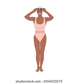 Bella nadadora negra en traje de baño, gorra y gafas. Ilustración vectorial plana aislada sobre fondo blanco