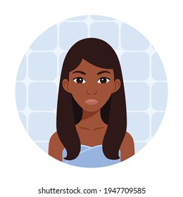 Beautiful Black Woman in a Towel in the Bathroom. African American Girl in a Blue Dress. Avatar. Cartoon Flat Color style. White background. Vector stock illustration.