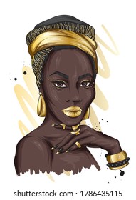 A beautiful black woman in a turban with patterns. Africa. Ethnic clothing and accessories, fashion and style. Vector illustration. Gold and jewels.