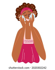 Beautiful black woman washes her face. Dark skinned afro girl using Cosmetic Cleansing Gel. Morning and evening self care routine. Cartoon vector illustration isolated on white background.
