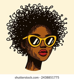 hermosa mujer negra con gafas de sol ilustración retro