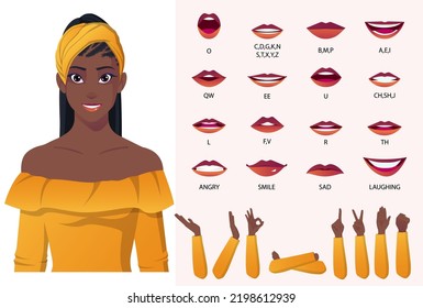 Beautiful Black Woman Wearing Yellow Blouse and Head Wrap Mouth Animation And Lip Sync, Cartoon Afro American Girl Illustration