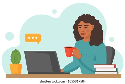 Beautiful black woman working at home with laptop at the desk. Concept of online education, freelance, remote work. Vector illustration.