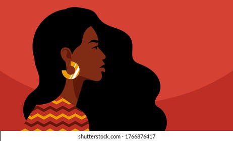 Beautiful black woman. Young african american. Portrait of young woman with beautiful face and hair. Side view. Isolated on a pink background.