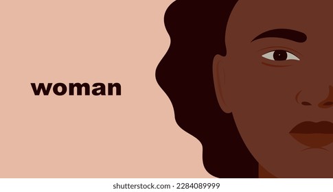 Beautiful black woman. Young African American woman. Portrait of a young woman with curly hair. Side view, half face. Isolated on fleshy pastel background, vector