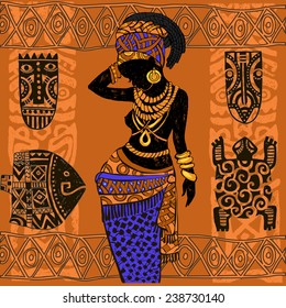 Beautiful black woman.African woman. African Set.African masks and ornaments