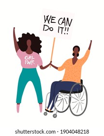 Beautiful black women holding a placard together. Hand drawn vector illustration, isolated on white. Flat style design. Concept for feminism, gender equality, inclusivity. Female cartoon characters.