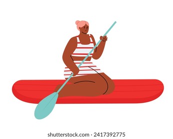 Beautiful black young woman in a swimsuit floating on a sup board with a paddle, hand drawn vector illustration in flat design