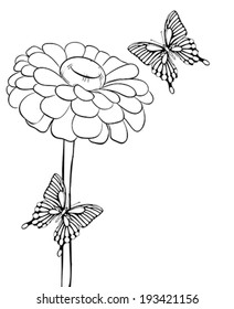 beautiful black-and-white flower with butterflies. Hand-drawn contour lines and strokes.