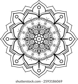 Beautiful black-and-white mandala with floral and geometric details, ideal for coloring, meditation, tattoos, and decorative design.