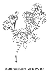 Beautiful black-and-white rose illustration with fine details, ideal for coloring books. Great for art enthusiasts, floral lovers, and creative projects.