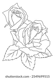 Beautiful black-and-white rose illustration with fine details, ideal for coloring books. Great for art enthusiasts, floral lovers, and creative projects.