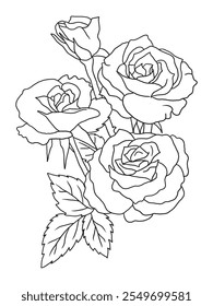 Beautiful black-and-white rose illustration with fine details, ideal for coloring books. Great for art enthusiasts, floral lovers, and creative projects.