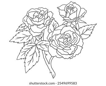 Beautiful black-and-white rose illustration with fine details, ideal for coloring books. Great for art enthusiasts, floral lovers, and creative projects.