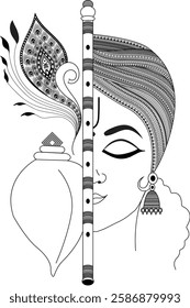 Beautiful black-and-white vector illustration of Lord Krishna with a flute, peacock feather, and conch. A sacred Hindu artwork symbolizing divinity, spirituality, and Indian mythology