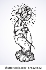 Hermoso diseño de tatuajes negros. La mano de una ventilado sostiene la flor de rosa. El romance oscuro. Dibujo vectorial muy detallado aislado. Diseño de tatuajes, símbolo místico, alquimia. Impresión, afiches, camisetas.