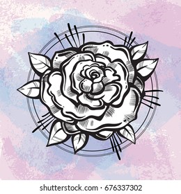 Beautiful blackwork tattoo flash. Rose flower. Hand drawn isolated vector illustration. Elegant tattoo design, dark romance, love, magic. Print, posters, t-shirts and textiles.