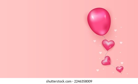 Beautiful blank background, pink balloons with 3d pink hearts. Greeting text place vector illustration