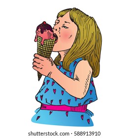 Beautiful blond baby girl eating ice cream in a waffle cup, hand drawn doodle, sketch in pop art style, vector color illustration