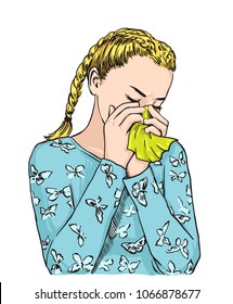 Beautiful blond bunches haired girl sneezing blowing nose on tissue because of spring allergy or crying. Vector sketch illustration